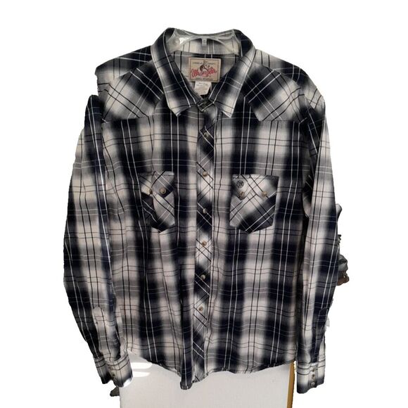 Vtg Wrangler Shirt Mens 2XL N Blue Plaid Western Lg Sleeve Pearl Snap *See Desc* - Picture 1 of 7